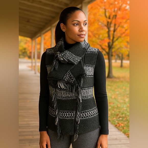 EDUN Jackets & Blazers - EDUN Fair Isle Patterned Fringe Winter Vest Green M